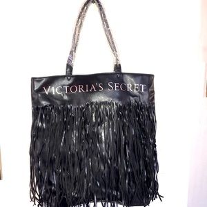 Victoria Secret Black Fringe Faux Leather Large Tote NWT
